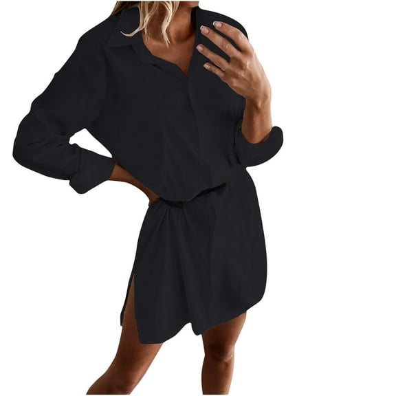 Womens Long Sleeve Button Down Shirt Dress Collared Solid Color Casual Loose Knee Length Dress Fashion Work Dress