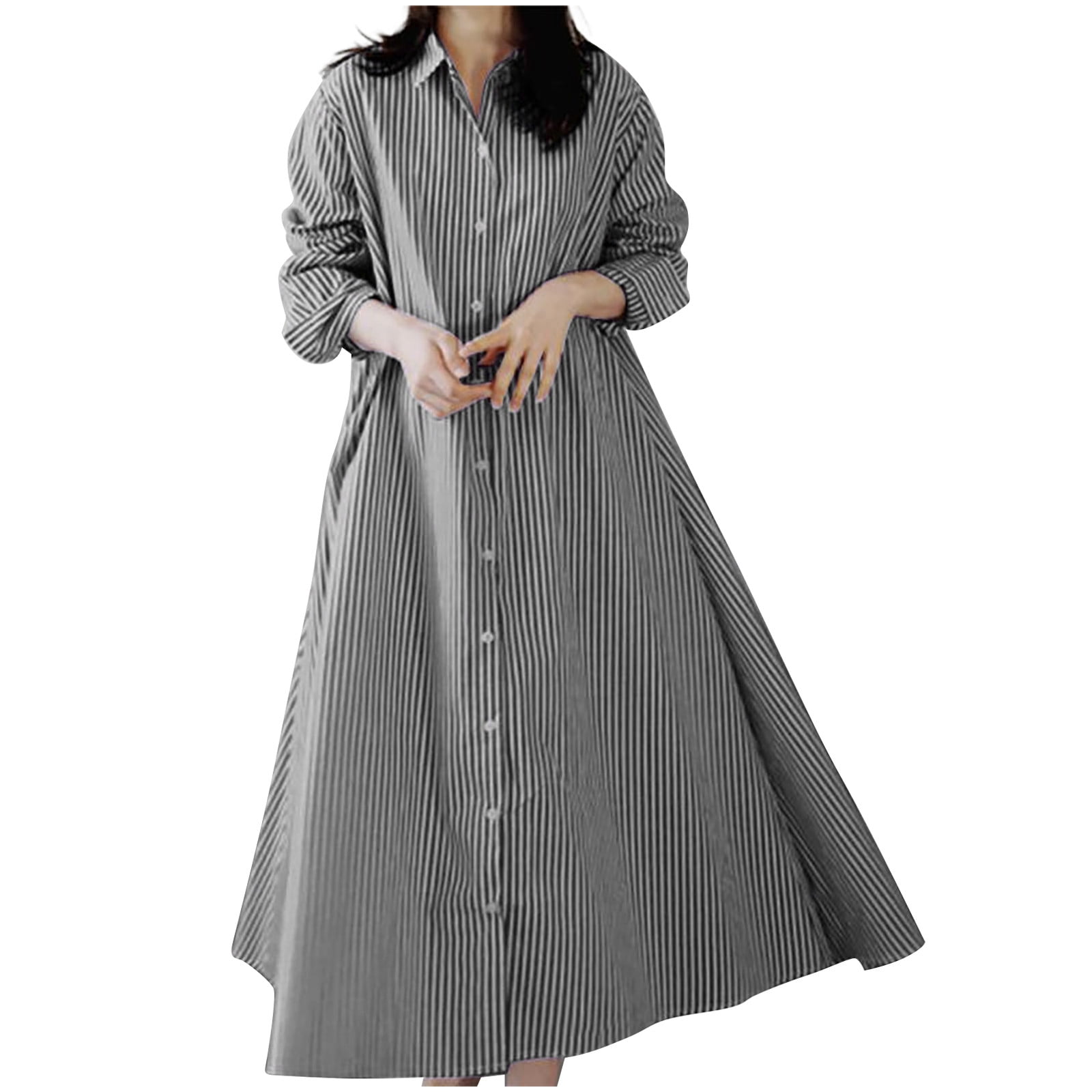 Womens Long Sleeve Button Down Shirts Long Dress V Neck Collared Striped  Maxi Dress Casual Loose Basic Blouses Dress - Walmart.com