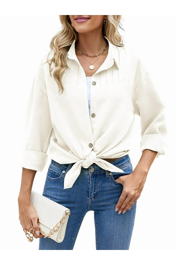 Womens Long Sleeve Button Down Shirts Oversized Collared Drop Shoulder Work Tops Textured Loose Blouse Cream White XXL