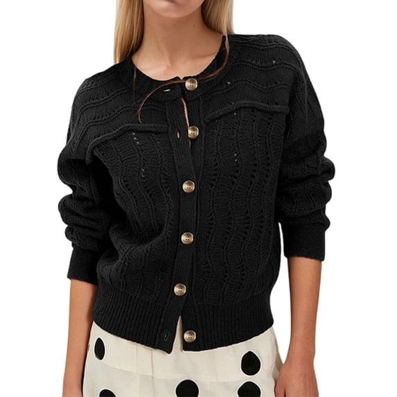 Womens Long Sleeve Button Up Knit Cardigan Crewneck Button Down Sweaters for Women Black S