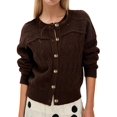 thumbnail image 1 of Womens Long Sleeve Button Up Knit Cardigan Crewneck Button Down Sweaters for Women Brown XL, 1 of 8