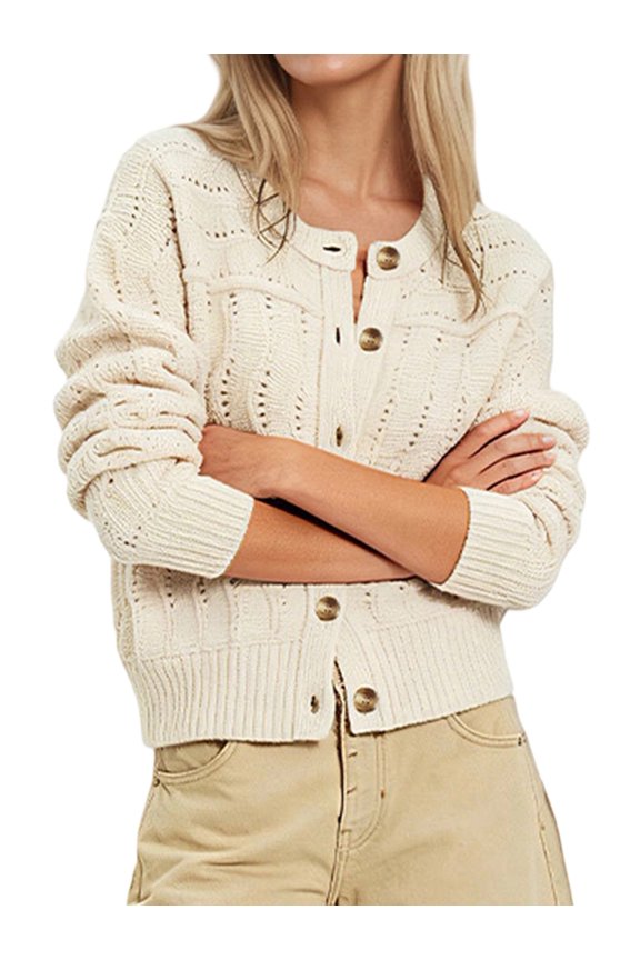 Womens Long Sleeve Button Up Knit Cardigan Crewneck Button Down Sweaters for Women Color L