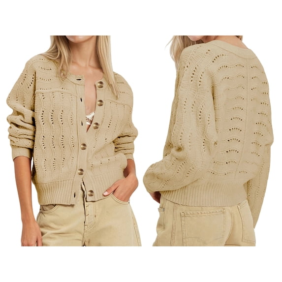 Womens Long Sleeve Button Up Knit Cardigan Crewneck Button Down Sweaters for Women Khaki L