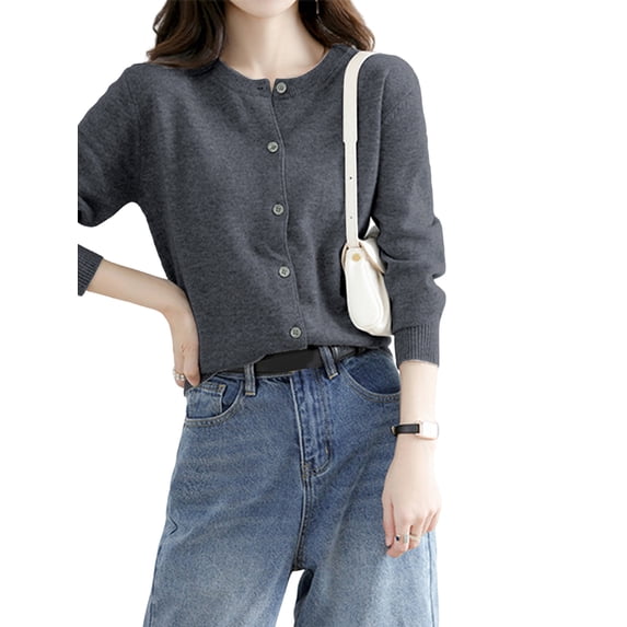 Womens Long Sleeve Button Up Knit Cardigan Light-Bodied 2026 Crewneck Button Down Sweaters for Women Dark Gray XXL