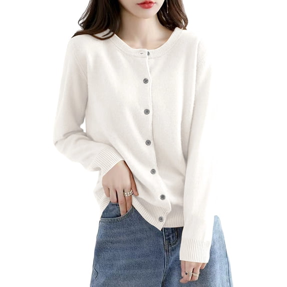 Womens Long Sleeve Button Up Knit Cardigan Light-Bodied 2026 Crewneck Button Down Sweaters for Women Milky White M