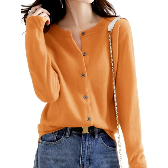 Womens Long Sleeve Button Up Knit Cardigan Light-Bodied 2026 Crewneck Button Down Sweaters for Women Turmeric M