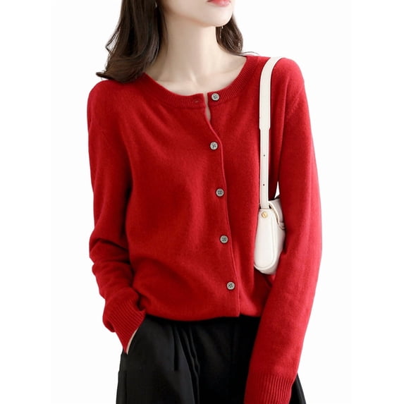 Womens Long Sleeve Button Up Knit Cardigan Light-Bodied 2026 Crewneck Button Down Sweaters for Women Wine Red L