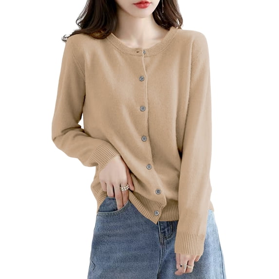 Womens Long Sleeve Button Up Knit Cardigan Light-Bodied 2026 Crewneck Button Down Sweaters for Women Yellow Camel XL