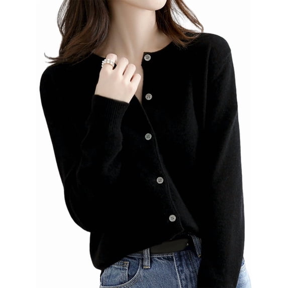 Womens Long Sleeve Button Up Knit Cardigan Light-Bodied 2026 Crewneck Button Down Sweaters for Women