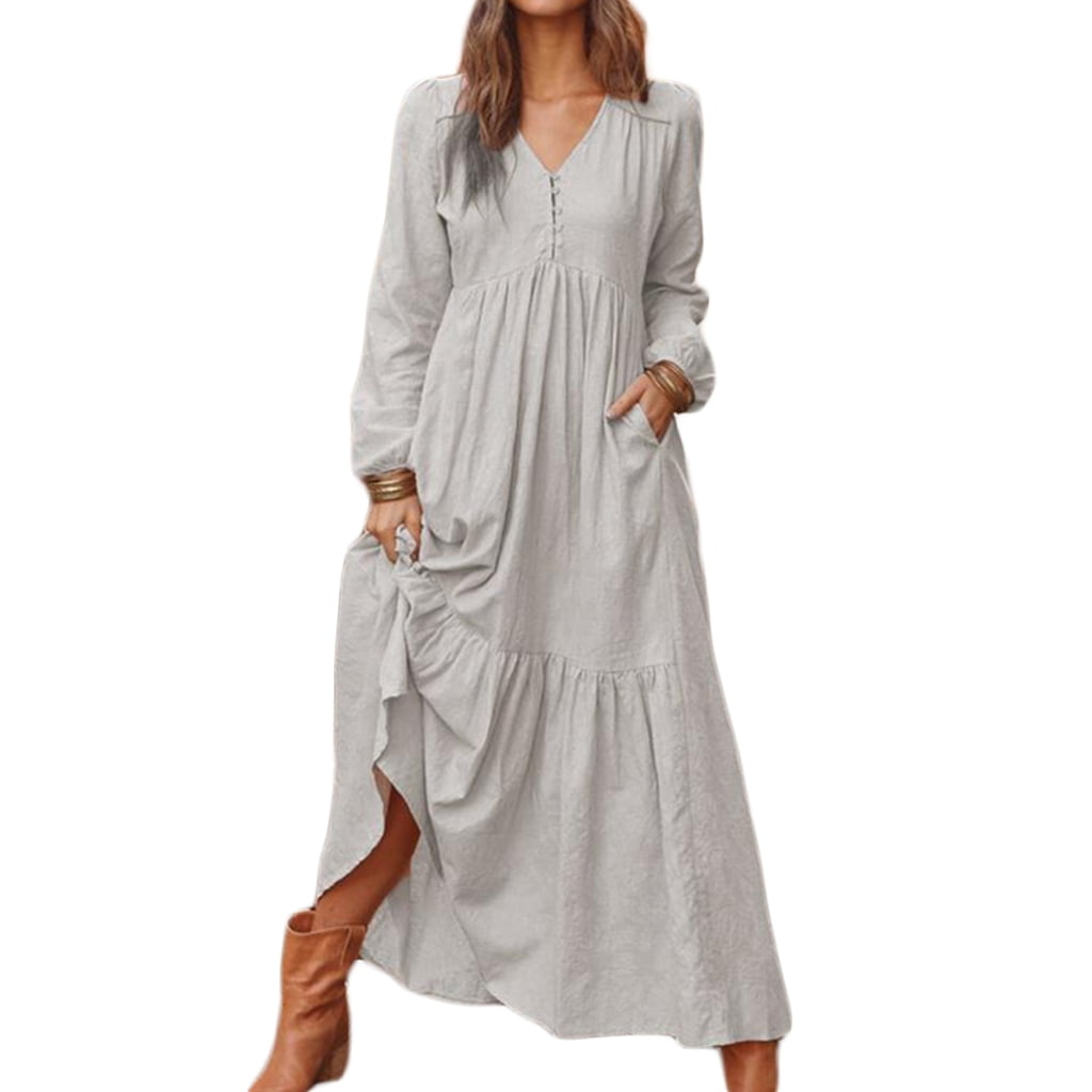 Cotton V-neck Suspender Long Dress main image 1