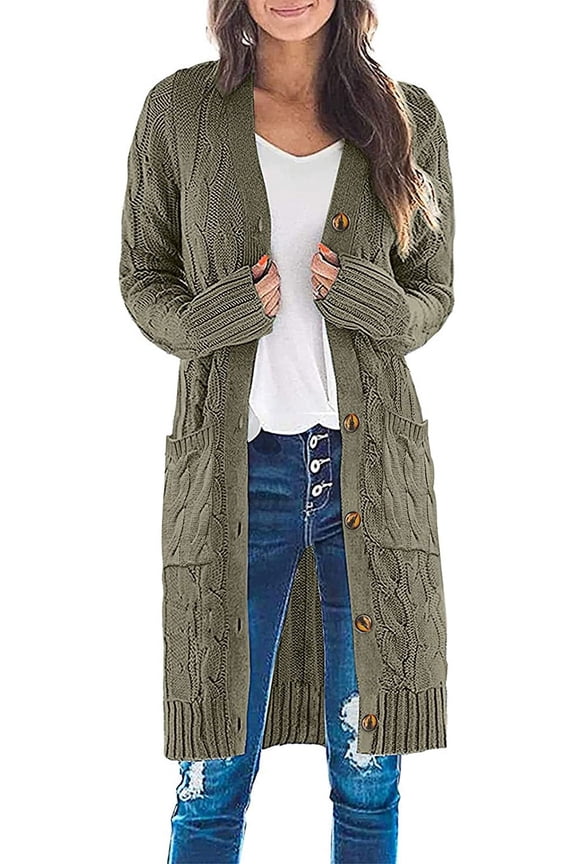 Womens Long Sleeve Cable Knit Long Cardigan Open Front Button Sweater Outerwear,armygreen,x-large,F132819