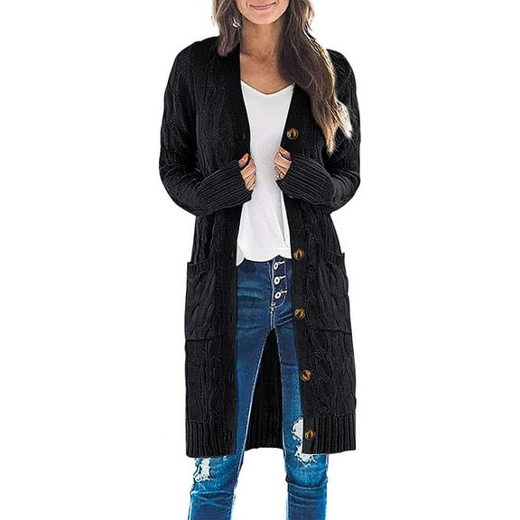 Womens Long Sleeve Cable Knit Long Cardigan Open Front Button Sweater Outerwear