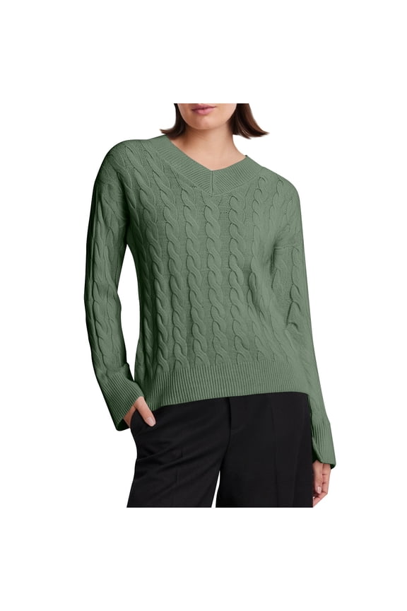 Womens Long Sleeve Cable Knit Sweater Fall Fashion Basic V Neck Fitted Pullover Tops Dressy Casual Knitwear Blouse Green XL