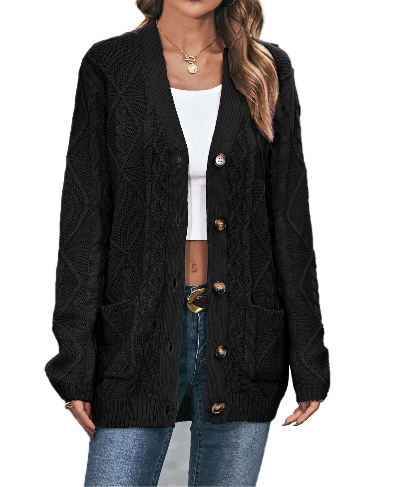 Womens Long Sleeve Cable Knit Sweater Open Front Cardigan Button Loose ...