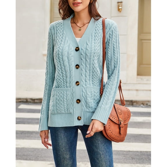 Womens Long Sleeve Cable Knit Sweater Open Front Cardigan Button Loose Outerwear
