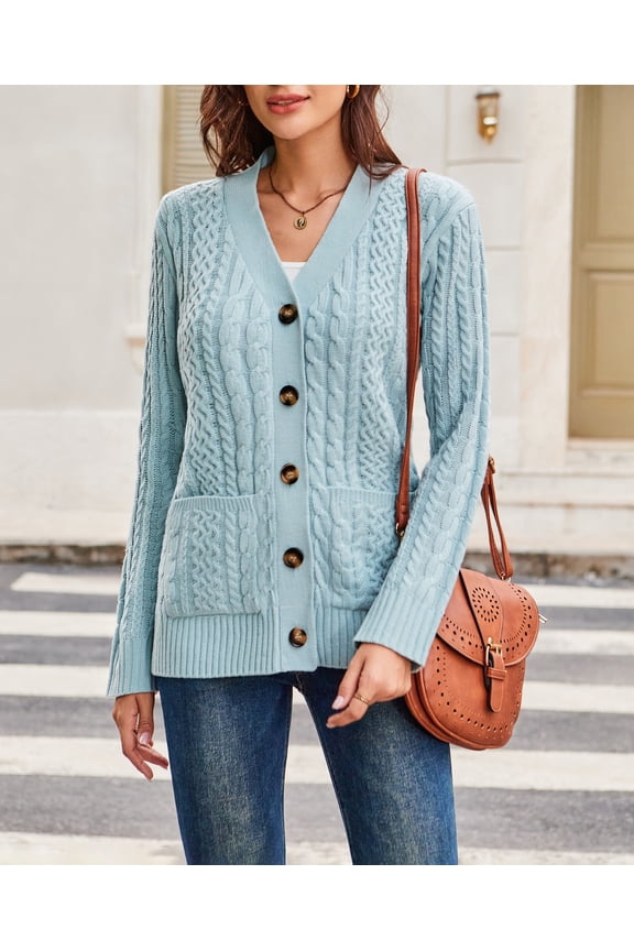 Womens Long Sleeve Cable Knit Sweater Open Front Cardigan Button Loose Outerwear