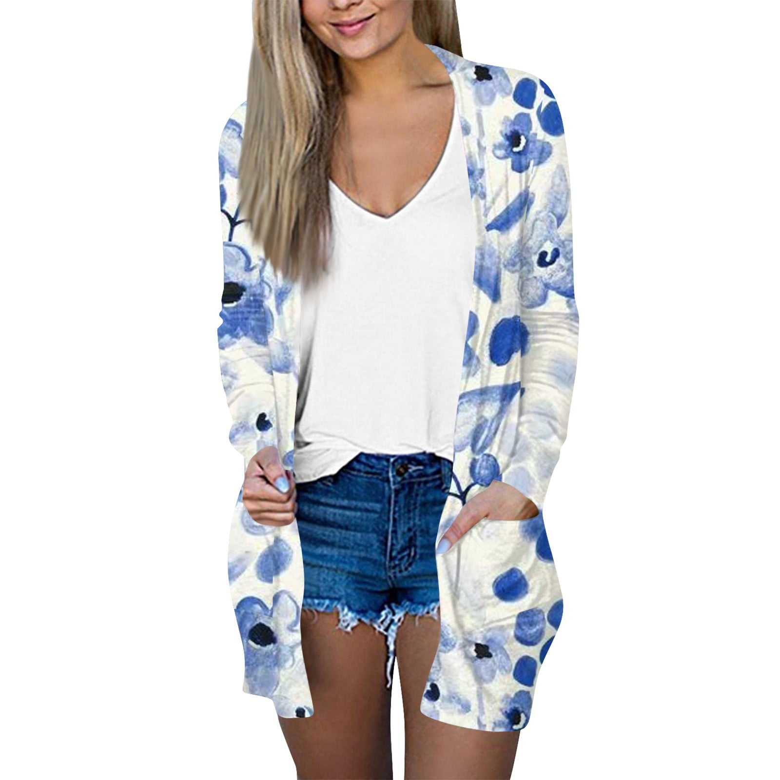 Womens Long Sleeve Cardigan Knit Sweater Open Front Cardigans Floral