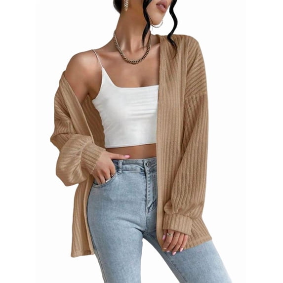 Womens Long Sleeve Cardigan Soft Knit Cardigan Sweater Khaki L
