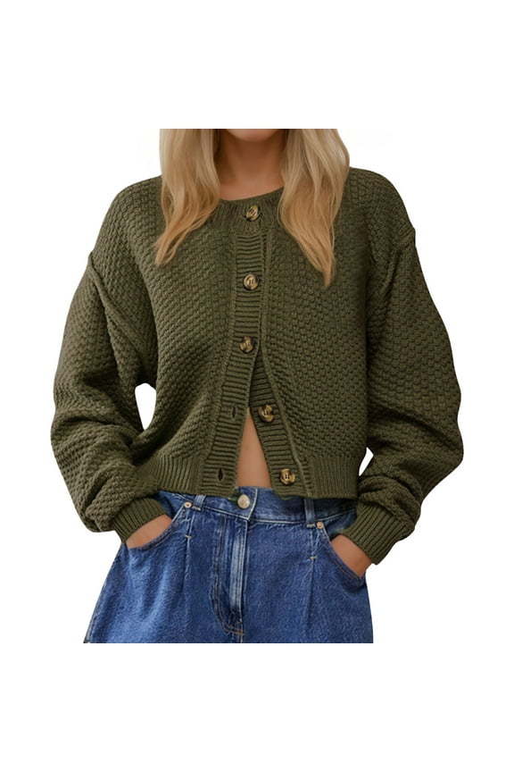 Womens Long Sleeve Cardigan Sweaters Open Front Button Down Coat Solid Color Winter Fall Casual Loose Tops,Army Green,S
