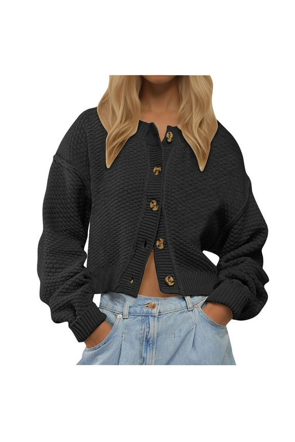 Womens Long Sleeve Cardigan Sweaters Open Front Button Down Coat Solid Color Winter Fall Casual Loose Tops,Black,M