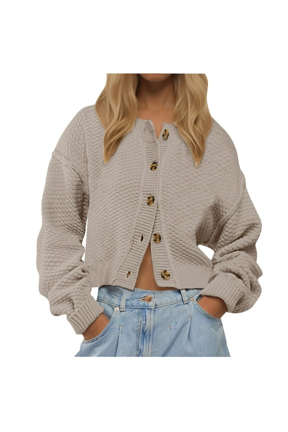 Womens Long Sleeve Cardigan Sweaters Open Front Button Down Coat Solid Color Winter Fall Casual Loose Tops,Coffee,S