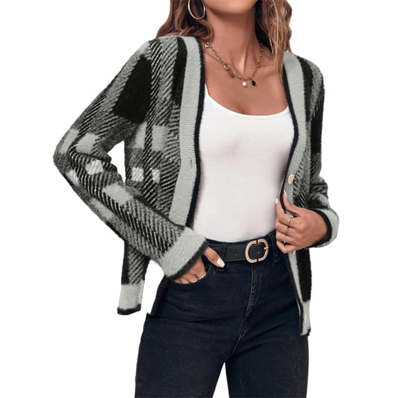 Womens Long Sleeve Cardigan Sweaters Plaid Fuzzy Knit V Neck Button Down Cardigans