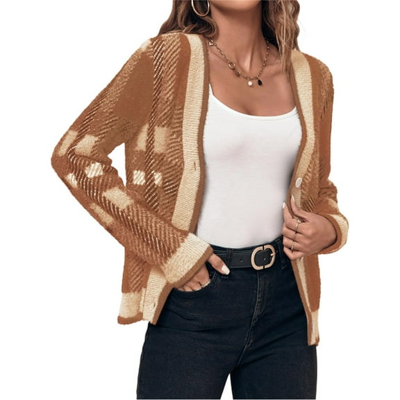 Womens Long Sleeve Cardigan Sweaters Plaid Fuzzy Knit V Neck Button Down Cardigans