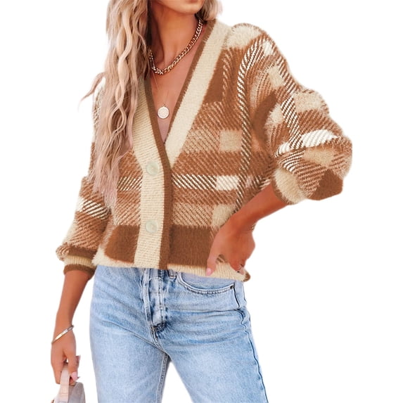 Womens Long Sleeve Cardigan Sweaters Plaid Fuzzy Knit V Neck Button Down Cardigans