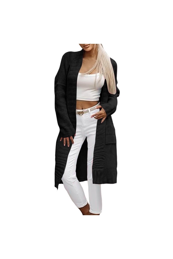 Womens Long Sleeve Cardigan with Pockets Long Length Open Front Sweater Casual Solid Color Loose Knit Coats (Black 3XL)
