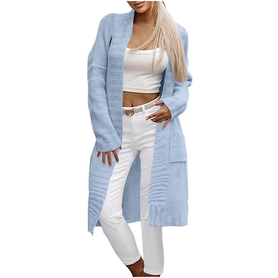 Womens Long Sleeve Cardigan with Pockets Long Length Open Front Sweater Casual Solid Color Loose Knit Coats (Sky Blue S)