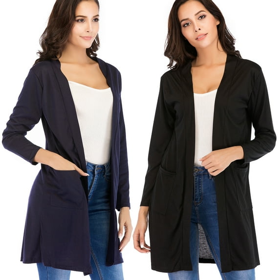 Womens Long Sleeve Cardigan with Pockets Open Front Cardigan Coat, Navy Blue, S