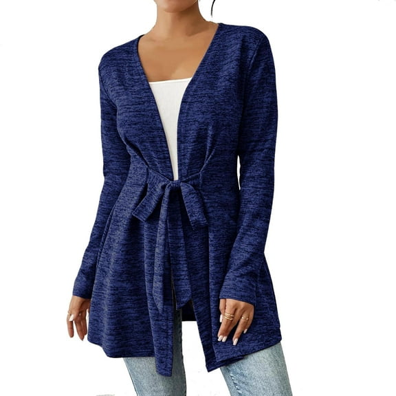 Womens Long Sleeve Cardigans Lightweight Fleece Tie Front Tunic Tops Comfy Fall Casual Outwear Cardigan Blue, S