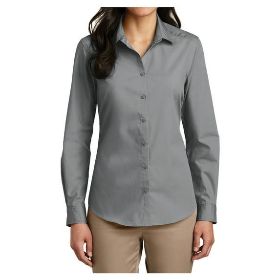 Womens Long Sleeve Carefree Poplin Uniforms Dress Cotton/Polyester Shirt Gusty Grey 3X-Large