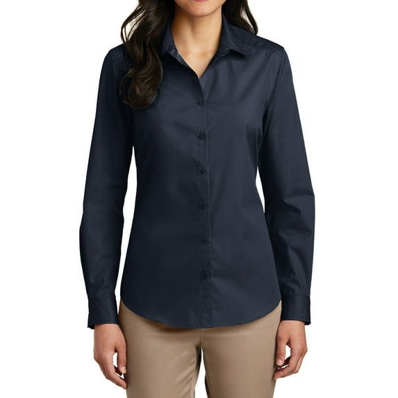 Womens Long Sleeve Carefree Poplin Uniforms Dress Cotton/Polyester Shirt River Blue Navy Medium