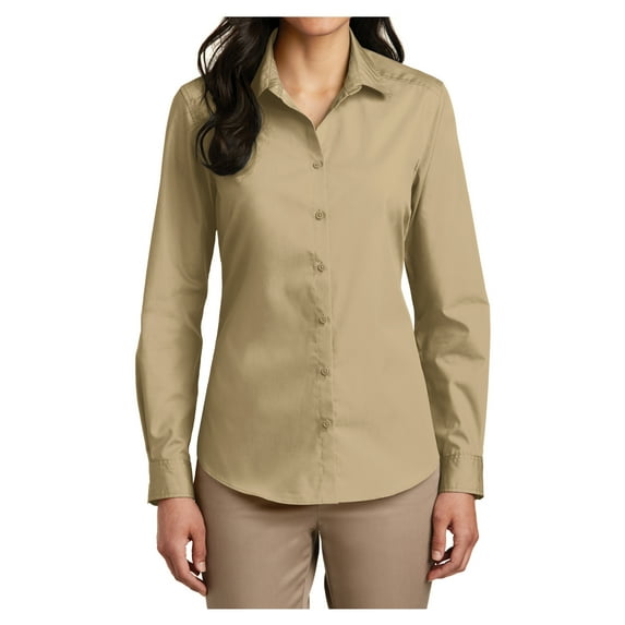 Womens Long Sleeve Carefree Poplin Uniforms Dress Cotton/Polyester Shirt Wheat X-Small