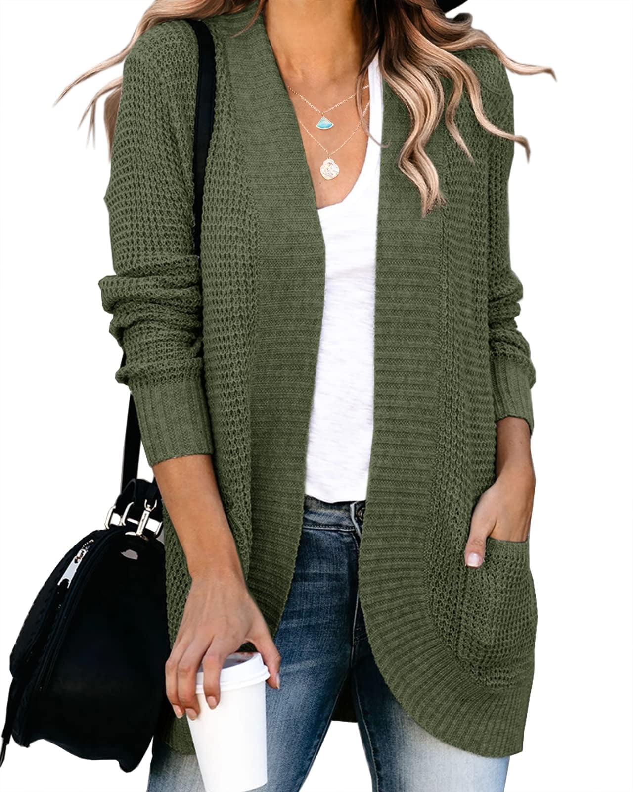 Womens Long Sleeve Casual Lightweight Loose Open Front Cardigan Knit Sweaters Coat with Pockets