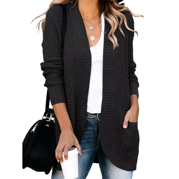 Womens Long Sleeve Casual Lightweight Loose Open Front Cardigan Knit Sweaters Coat with Pockets