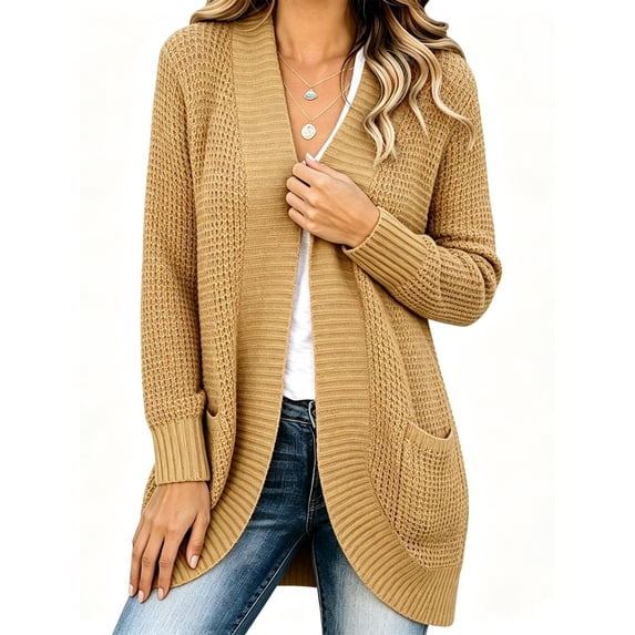 Womens Long Sleeve Casual Lightweight Loose Open Front Cardigan Knit Sweaters Coat with Pockets
