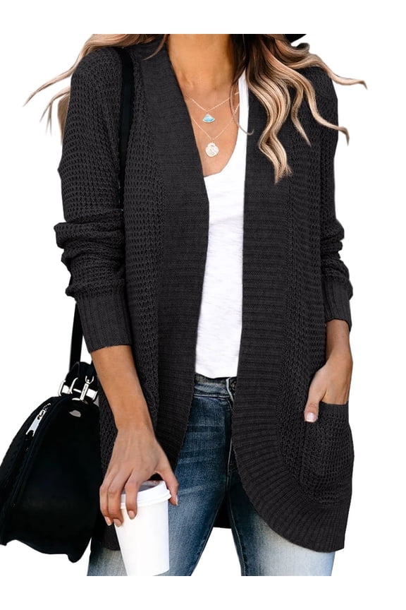 Womens Long Sleeve Casual Lightweight Loose Open Front Cardigan Knit Sweaters Coat with Pockets