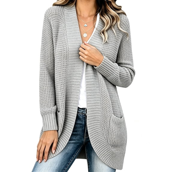 Womens Long Sleeve Casual Lightweight Loose Open Front Cardigan Knit Sweaters Coat with Pockets