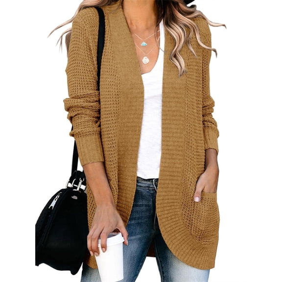Womens Long Sleeve Casual Lightweight Loose Open Front Cardigan Knit Sweaters Coat with Pockets