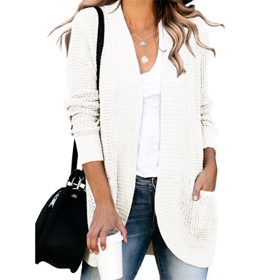Womens Long Sleeve Casual Lightweight Loose Open Front Cardigan Knit Sweaters Coat with Pockets