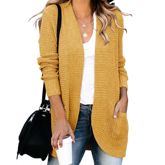 Womens Long Sleeve Casual Lightweight Loose Open Front Cardigan Knit Sweaters Coat with Pockets