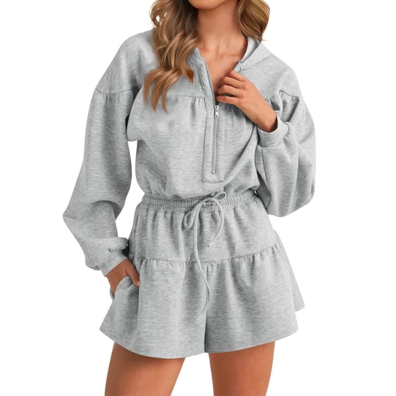 Womens Long Sleeve Casual One Piece Rompers Half Zip Hoodies Casual Shorts Drawstring Waist Jumpsuits