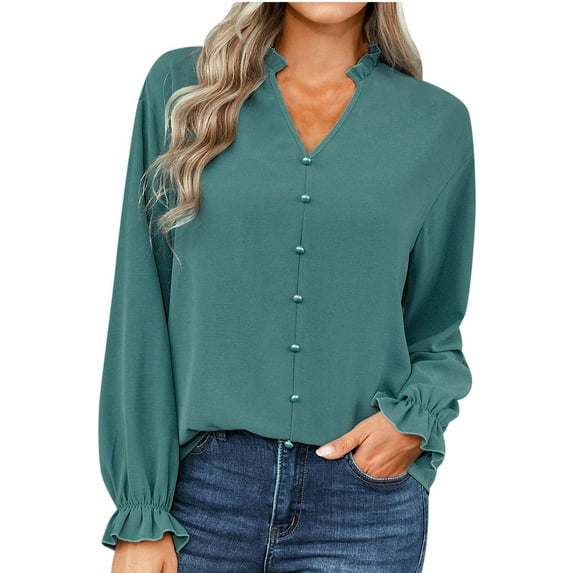 Womens Long Sleeve Chiffon Blouses Tops V Neck Swiss Dots Button Flowy loose T Shirts Solid Comfy Tunic Tee Shirts