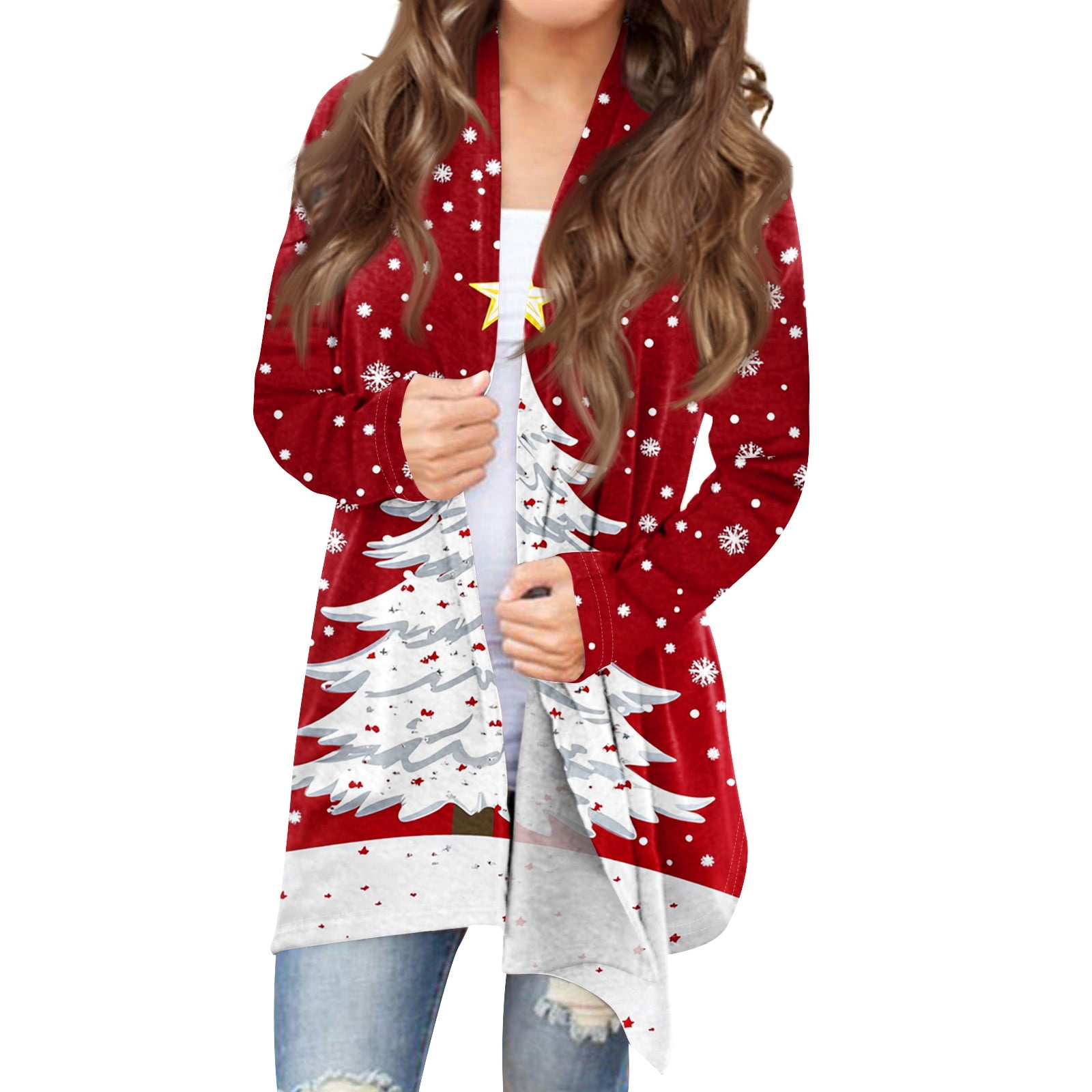Womens Long Sleeve Christmas Cardigan Knit Sweater Xmas Tree Snowflake