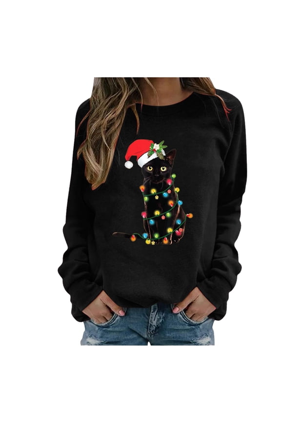 Womens Long Sleeve Christmas Hoodies Cat Print Hooded Sweatshirt Xmas Holiday Casual Fall Pullover Sweater Winter Clothes