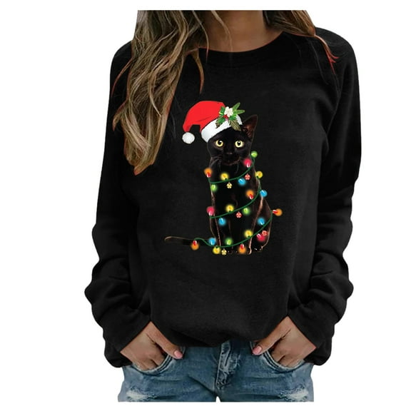 Womens Long Sleeve Christmas Hoodies Cat Print Hooded Sweatshirt Xmas Holiday Casual Fall Pullover Sweater Winter Clothes