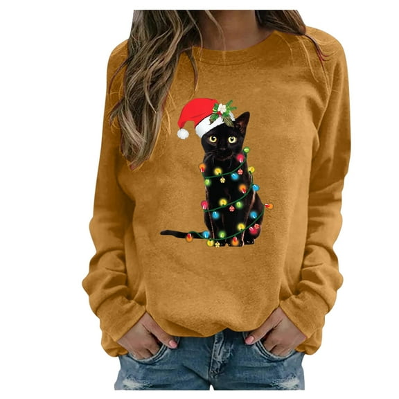 Womens Long Sleeve Christmas Hoodies Cat Print Hooded Sweatshirt Xmas Holiday Casual Fall Pullover Sweater Winter Clothes
