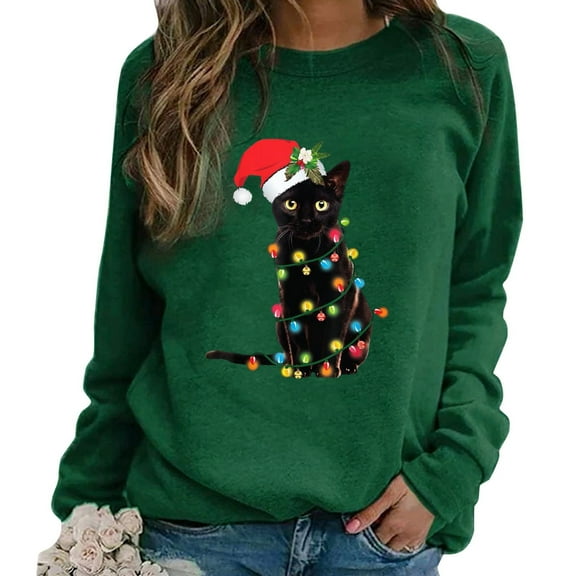 Womens Long Sleeve Christmas Hoodies Cat Print Hooded Sweatshirt Xmas Holiday Casual Fall Pullover Sweater Winter Clothes